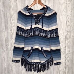 Arte Inka-Berfass Alpaca Blue Hooded Fringe Stripes Sweater Small